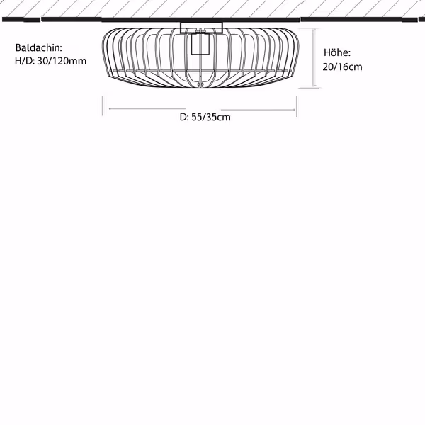 Technische Zeichnung Discus 35 Deckenleuchte: Durchmesser 35cm, Höhe 13cm, flache Bauweise mit E27-Fassungen, Maßangaben und Montagedetails