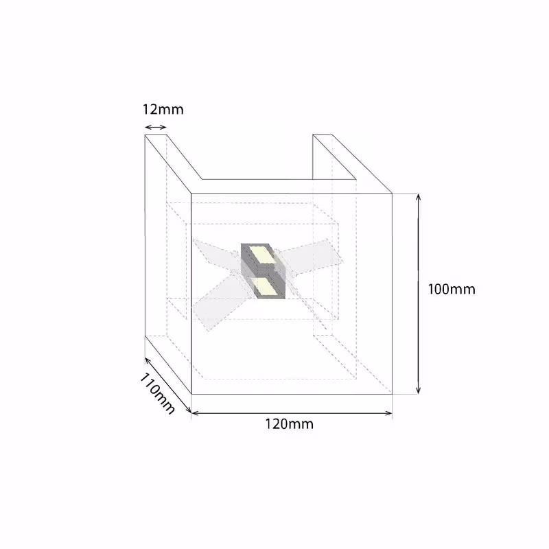 Skizze mit Maßen der Cubus Holz Wandlampe Eiche rustikal von LeuchtNatur