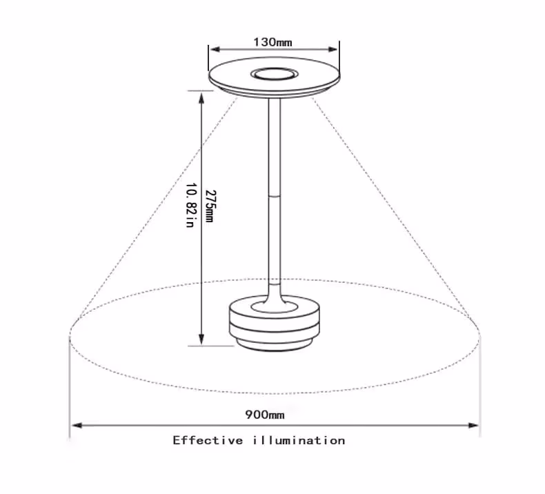 Skizze mit Maßen der Luxa kabellosen Tischleuchte mit Akku von LeuchtNatur