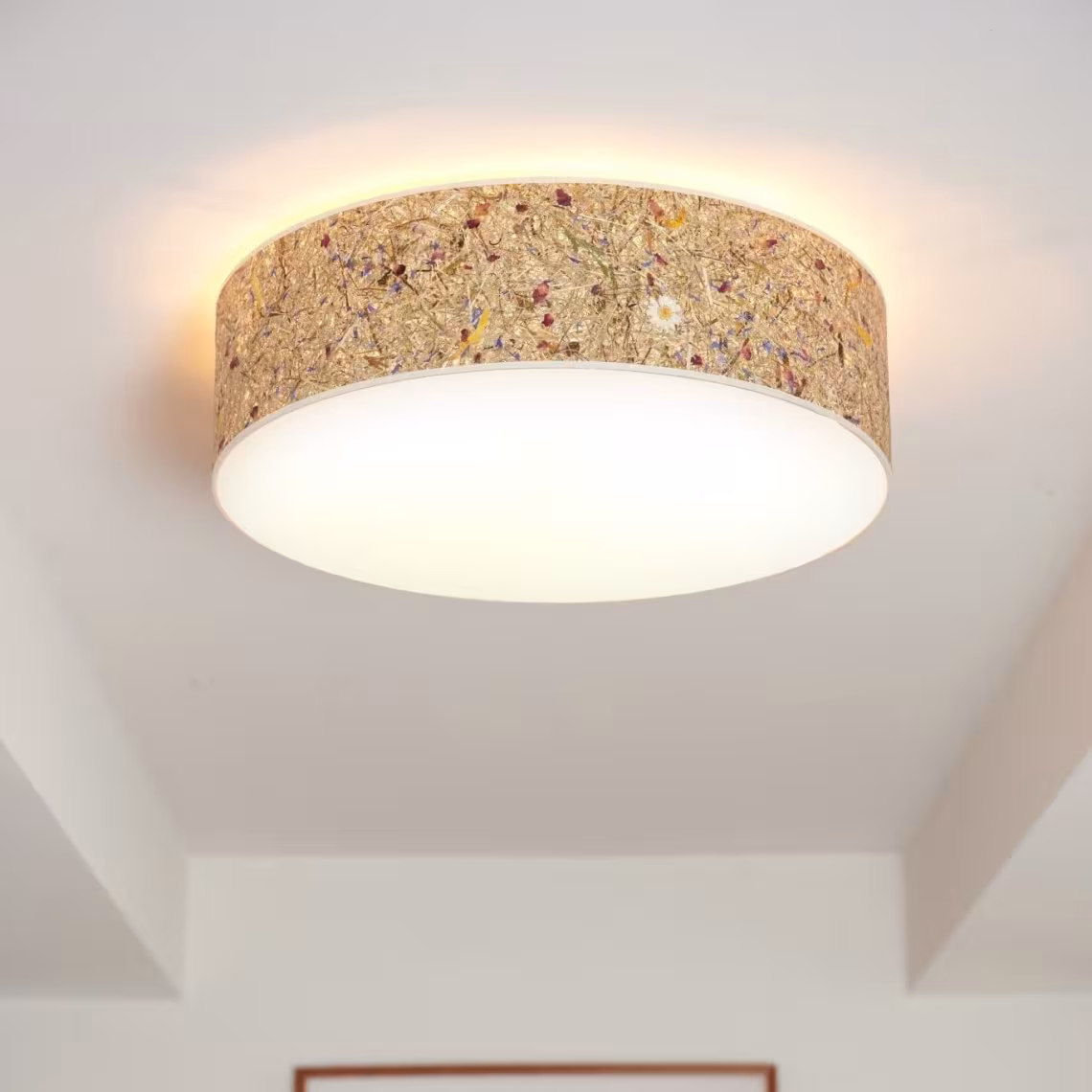 Natur Deckenleuchte Discus aus Holz, handgemacht von LeuchtNatur, ideal für umweltfreundliche Beleuchtung.