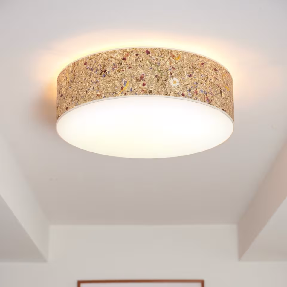 Natur Deckenleuchte Discus aus Holz, handgemacht von LeuchtNatur, ideal für umweltfreundliche Beleuchtung.