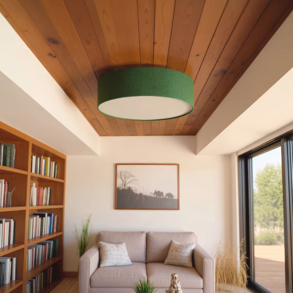 Deckenleuchte Discus in Loden grün, handgefertigt aus Naturmaterialien, umweltfreundlich, bei Leuchtnatur kaufen. - das Bild 1