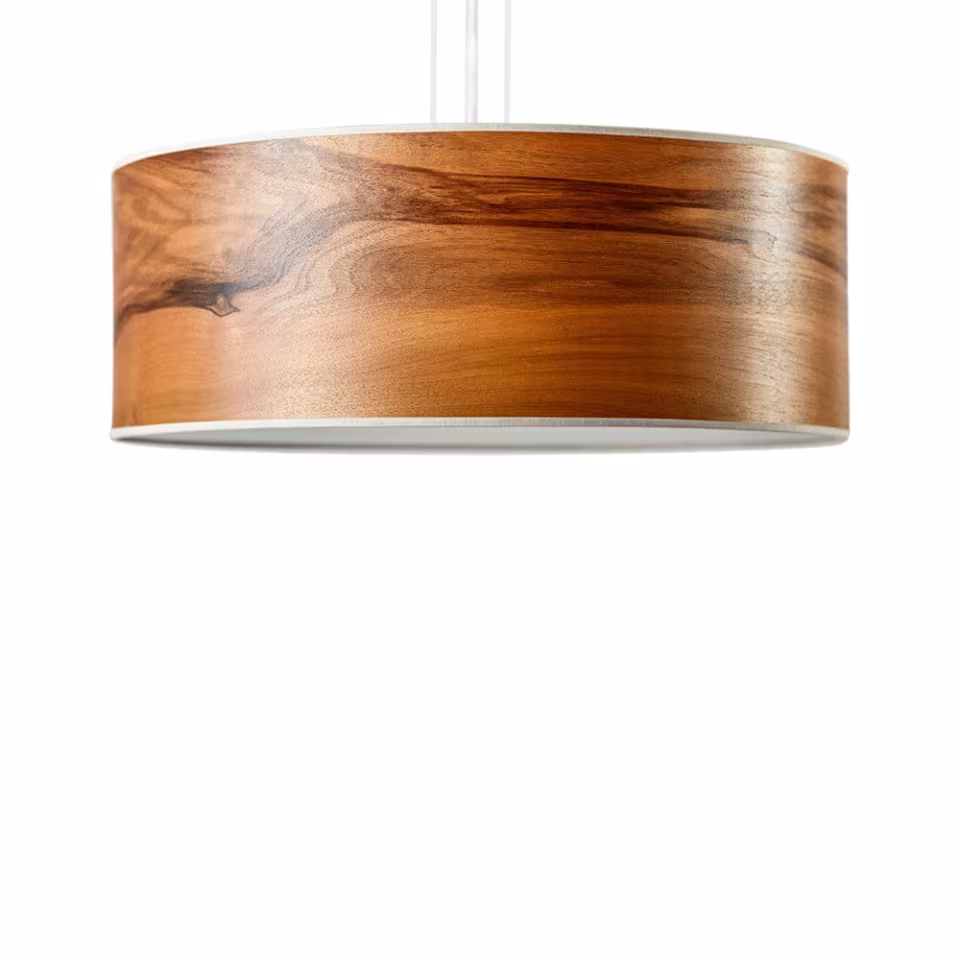 Holz Pendelleuchte Discus von LeuchtNatur, handgefertigt aus Nussbaum, umweltfreundliches Design für Eleganz.