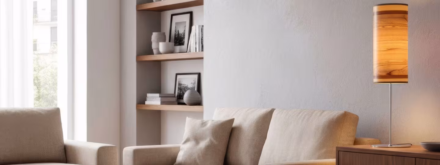 Designer-Tischleuchte aus Holzfurnier mit warmem Licht - handgefertigt in Bayern