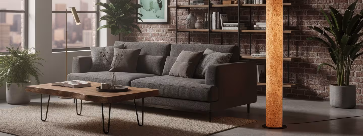 Holz Stehlampe aus Holzfurnier in modernem Loft-Wohnzimmer - handgefertigte Designer-Leuchte LeuchtNatur